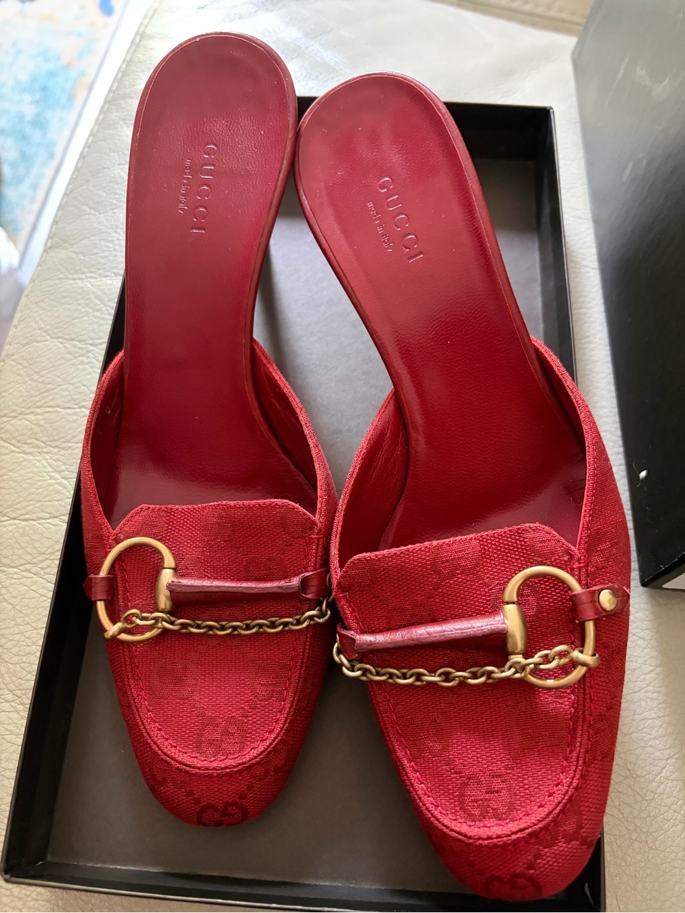 Gucci Red Suede Horsebit Chain Slide Mules